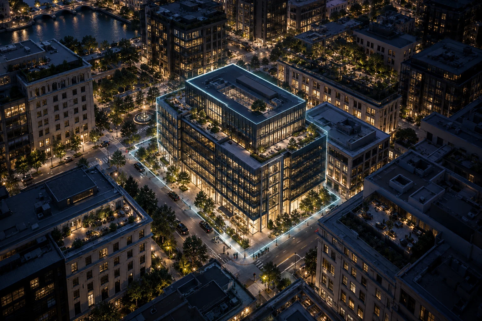 A blue-hour office district with warm windows and tree-lined streets