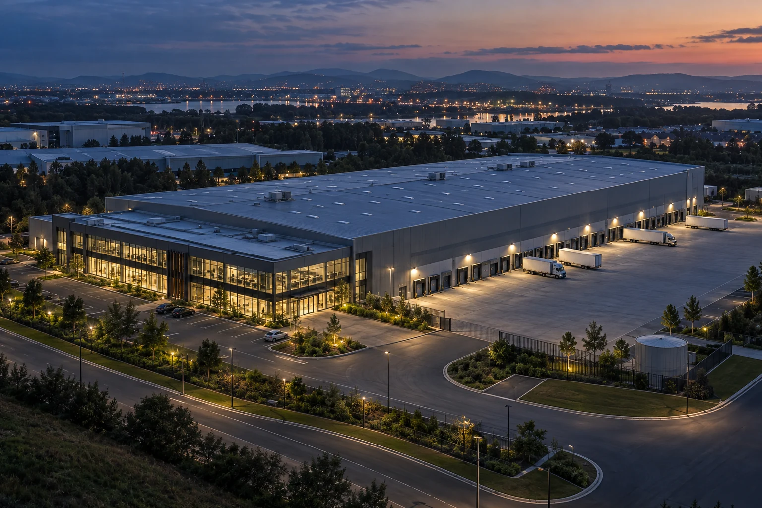 A modern logistics campus at blue hour, with loading bays, access roads and a glass office frontage