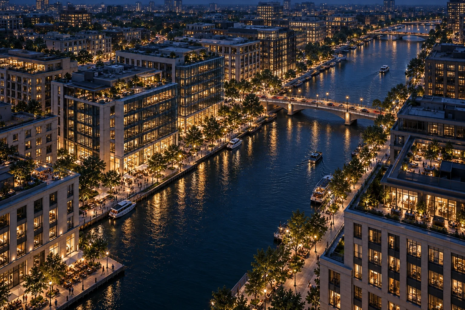 A waterfront commercial district at dusk, with illuminated buildings reflected in the river